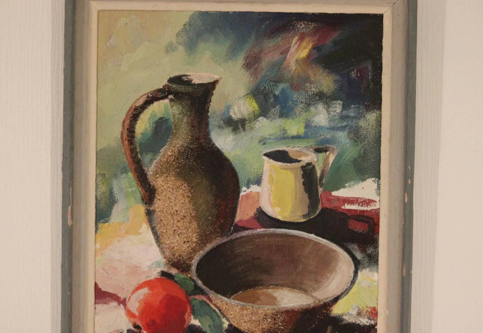 Huile sur toile suédoise originale vintage – nature morte avec vase et fleurs