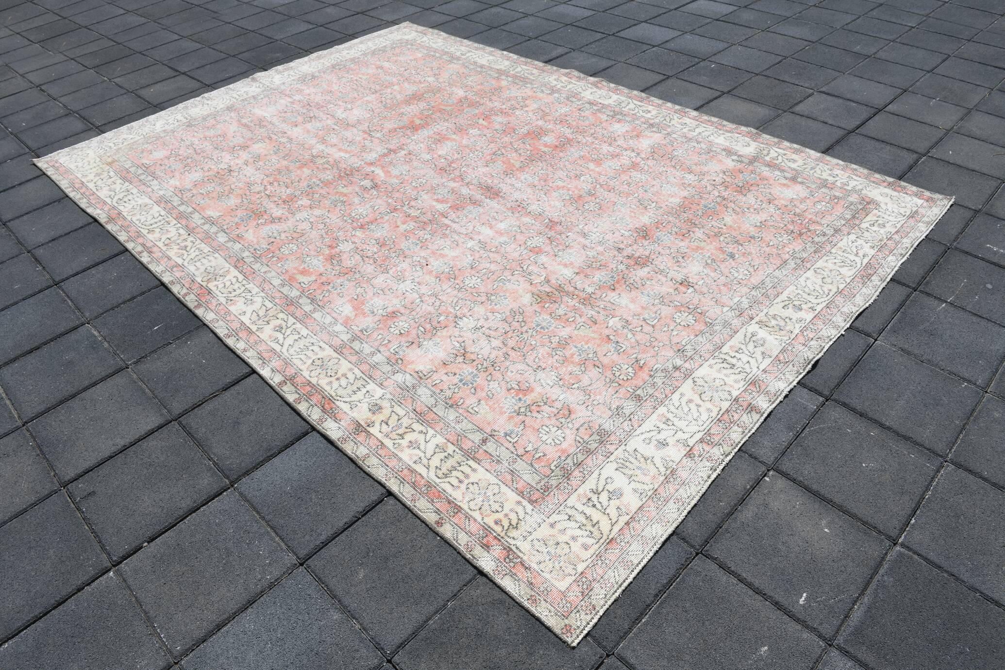 Soft Pink Oversize Vintage Turkish Floral Carpet Rug, 219x313 Cm