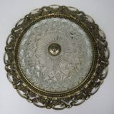 Hollywood Regency ceiling light, cut glass and openwork gold edge.