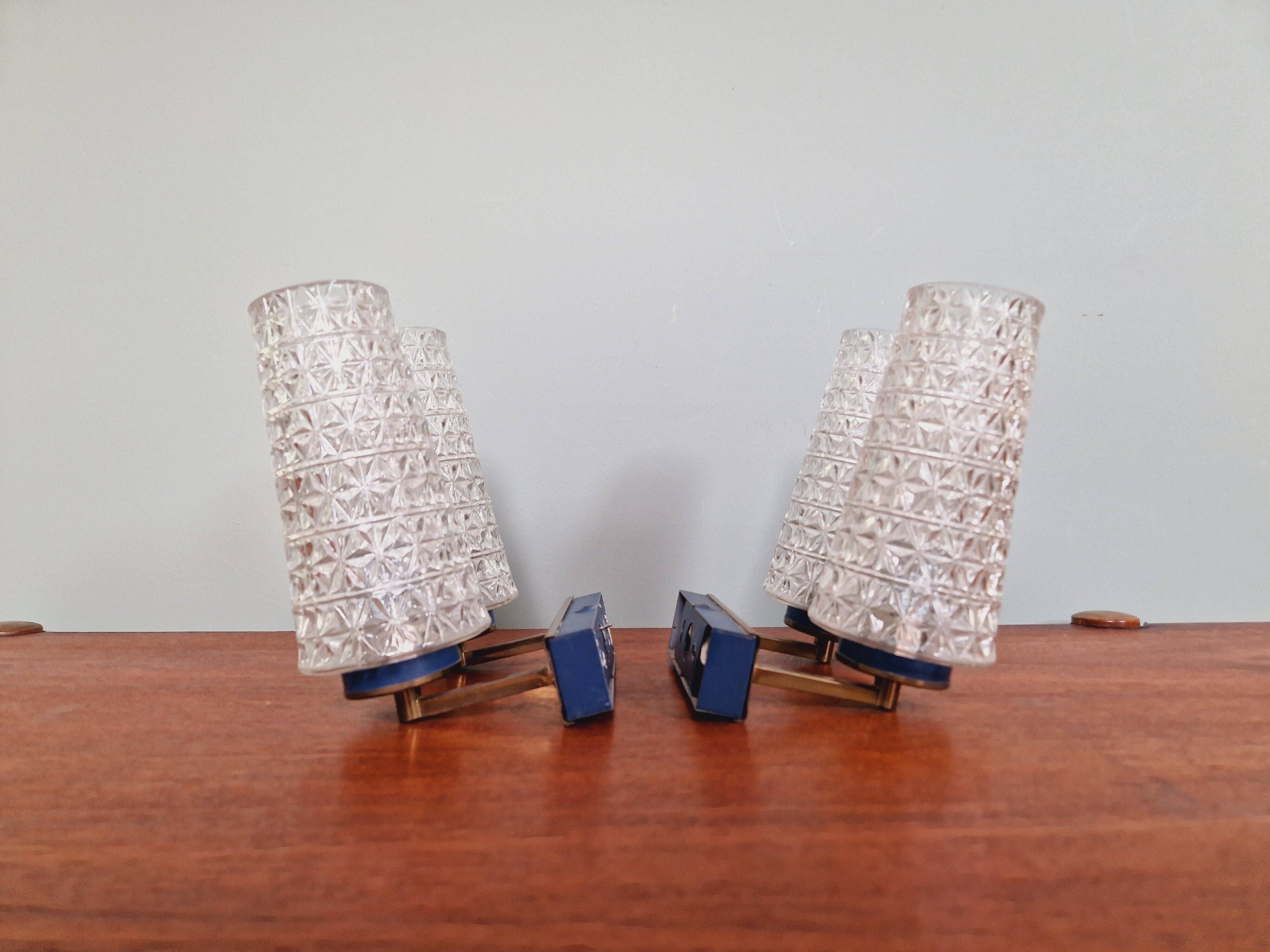 Pair of double wall lights in glass and blue lacquered metal, 1950s-60s