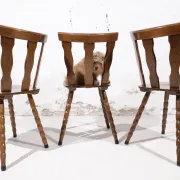 Set of 3 brutalist chairs with arched cut-outs and turned legs
