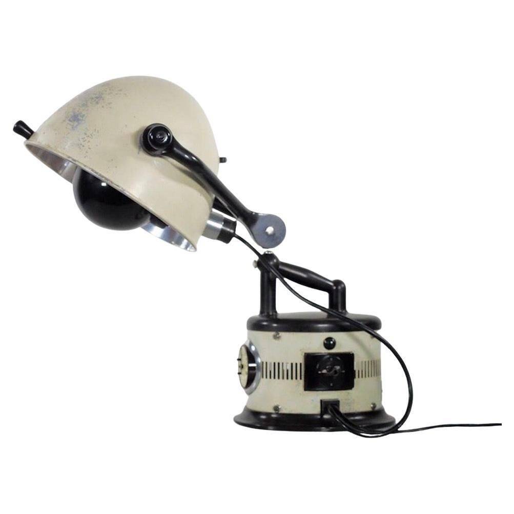 Black and white table lamp made from a 1940s solar lamp.