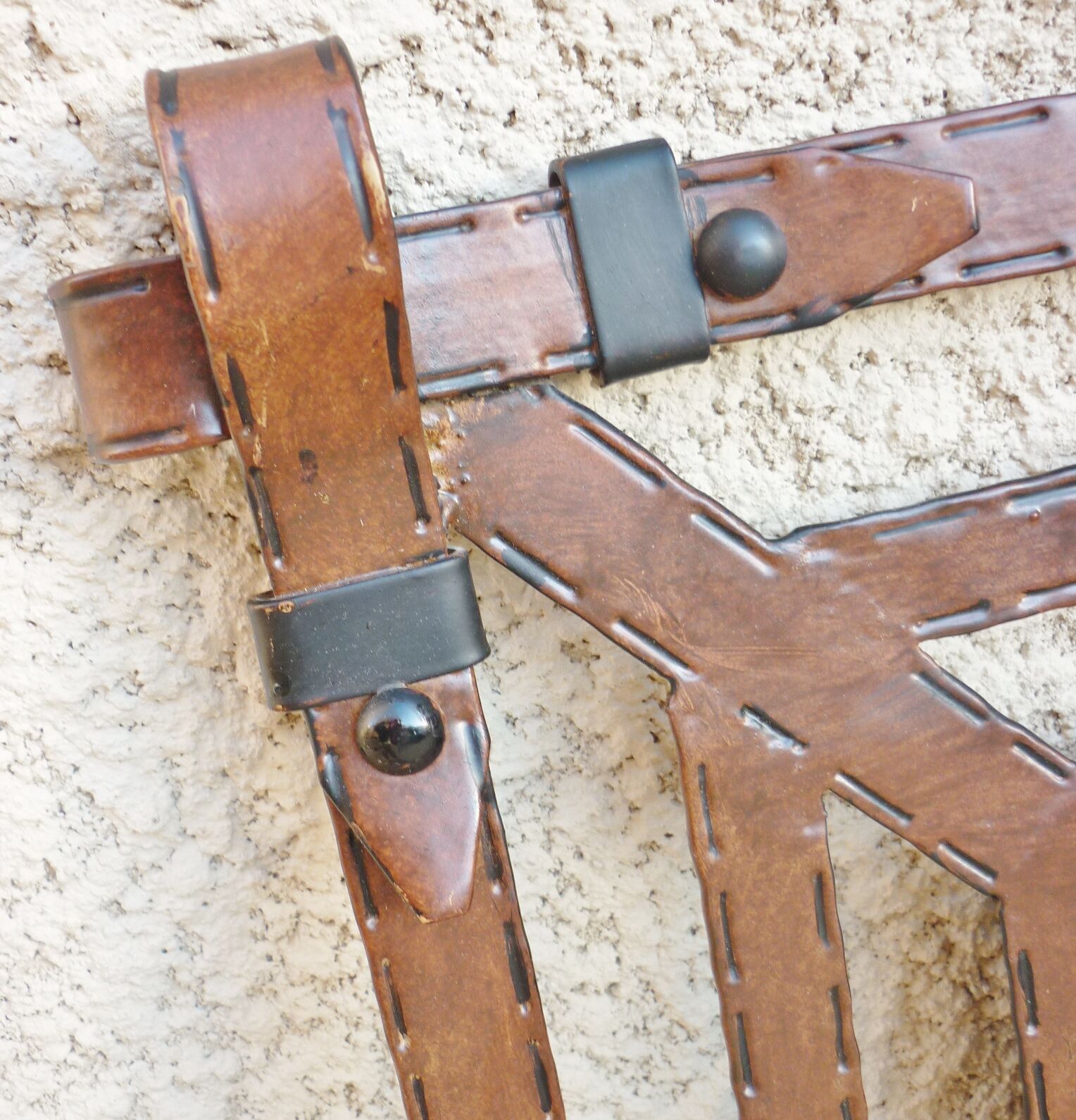 Metal mirror, wrought iron imitation leather straps and horse harness