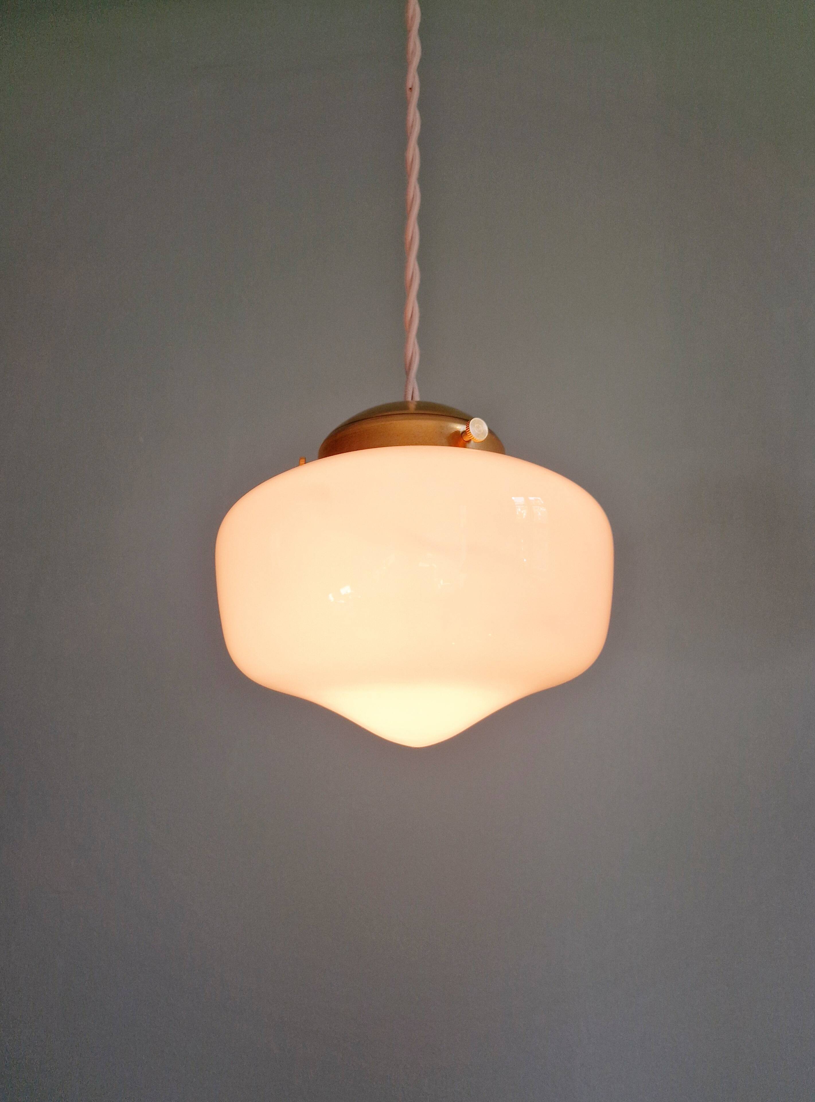 Art Deco pendant/portable lamp in conical white opaline glass, 1920s-30s