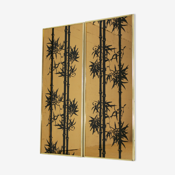 Pair of smoked mirror panels with "bamboo" décor. France, circa 1970.