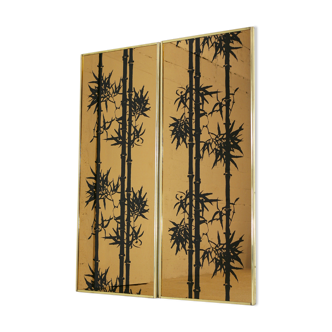 Pair of smoked mirror panels with "bamboo" décor. France, circa 1970.