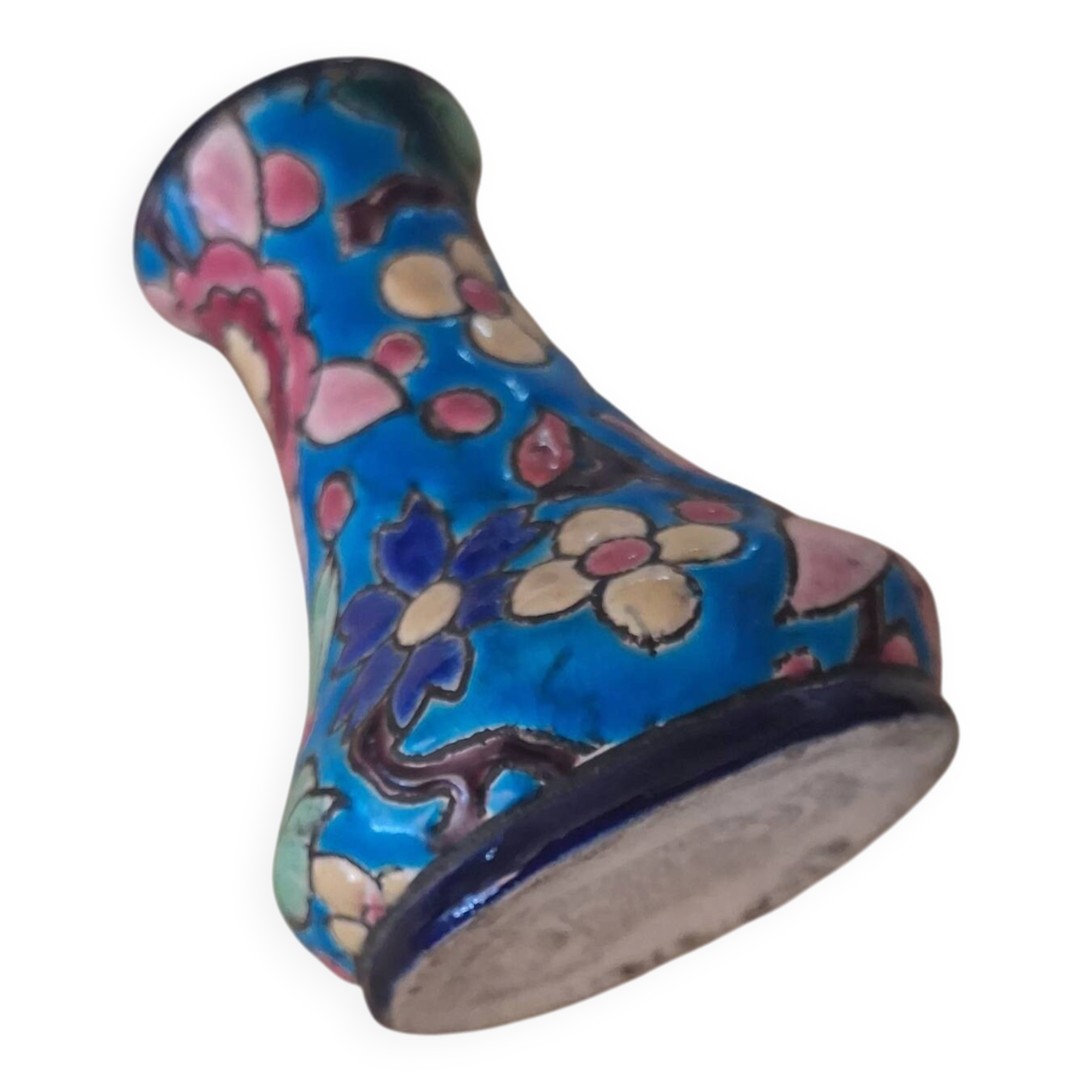 Miniature soliflore vase in Émaux de Longwy — Floral decoration painted on the
