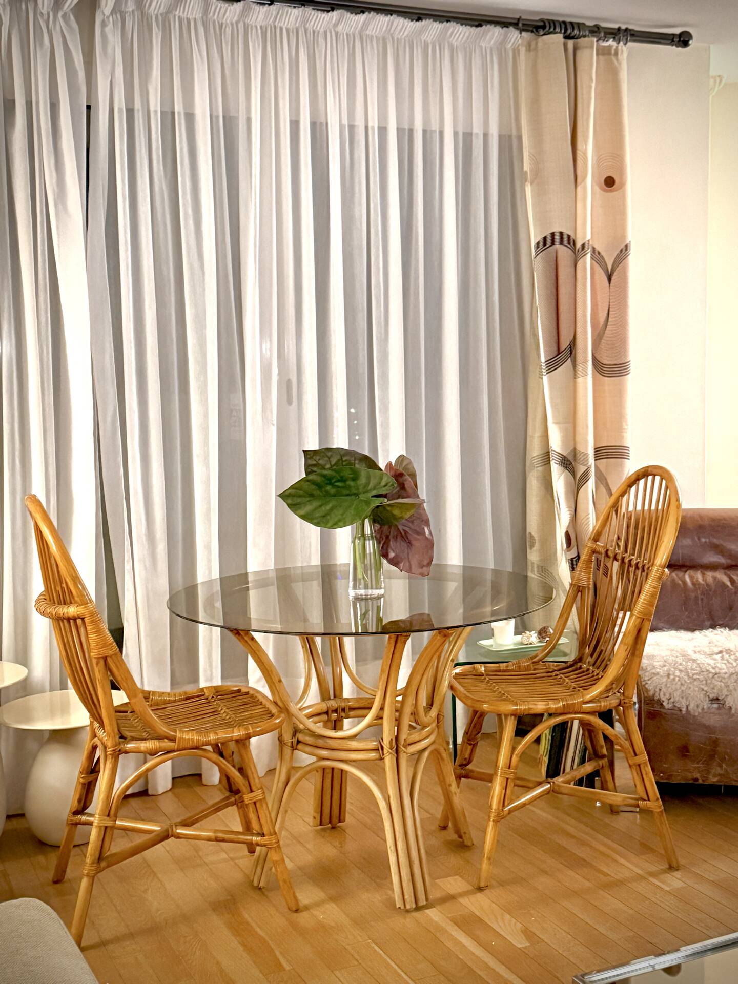 Smoked glass rattan table + chairs