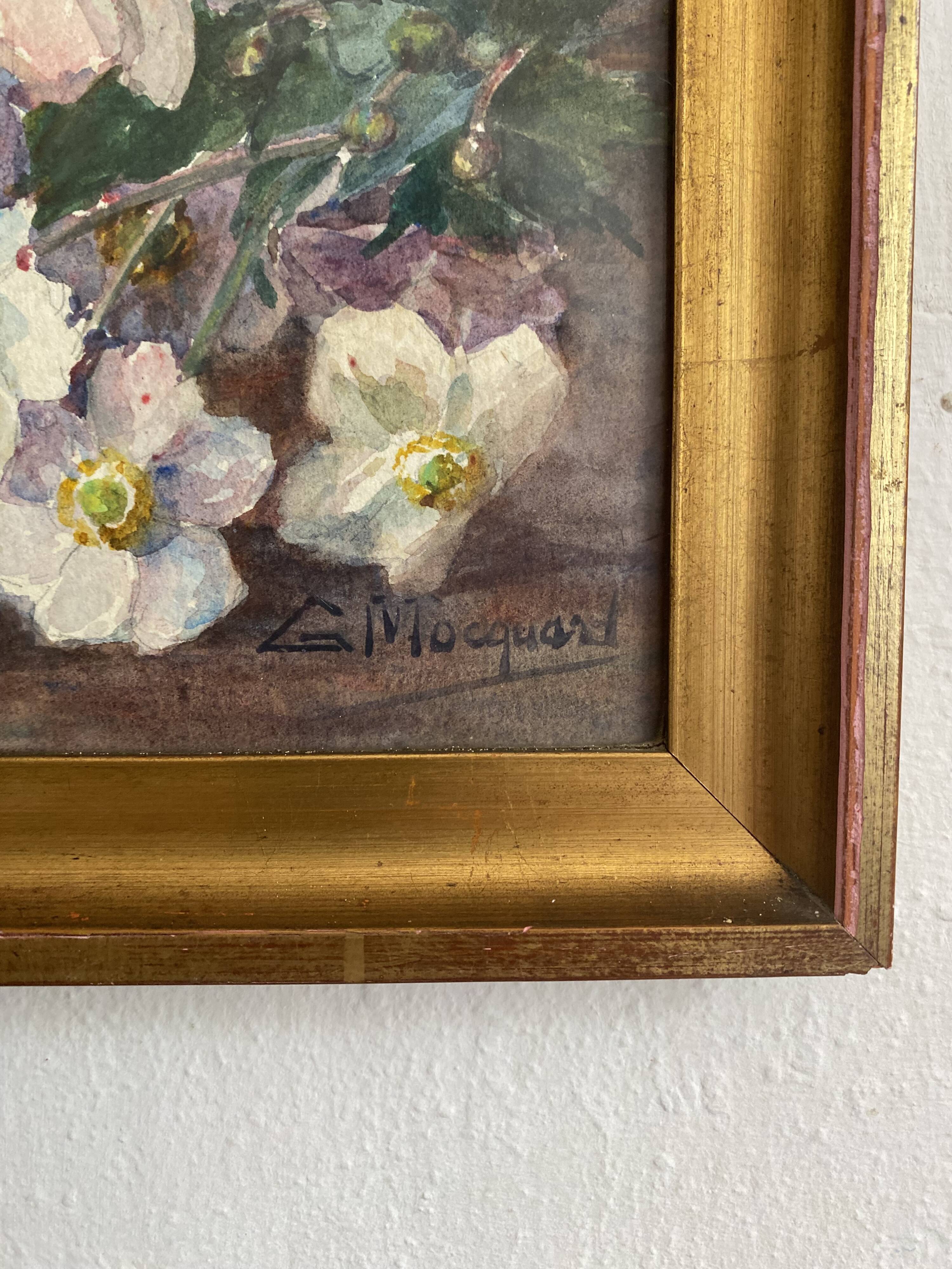 Aquarelle fleurs d'hellébores encadrée G. Mocquart
