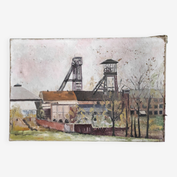 French vintage oil painting on canvas of a mine, signed M. L. Bertin Eustache