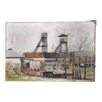 French vintage oil painting on canvas of a mine, signed M. L. Bertin Eustache