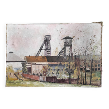 Peinture à l'huile vintage française sur toile d'une mine, signée ML Bertin Eustache