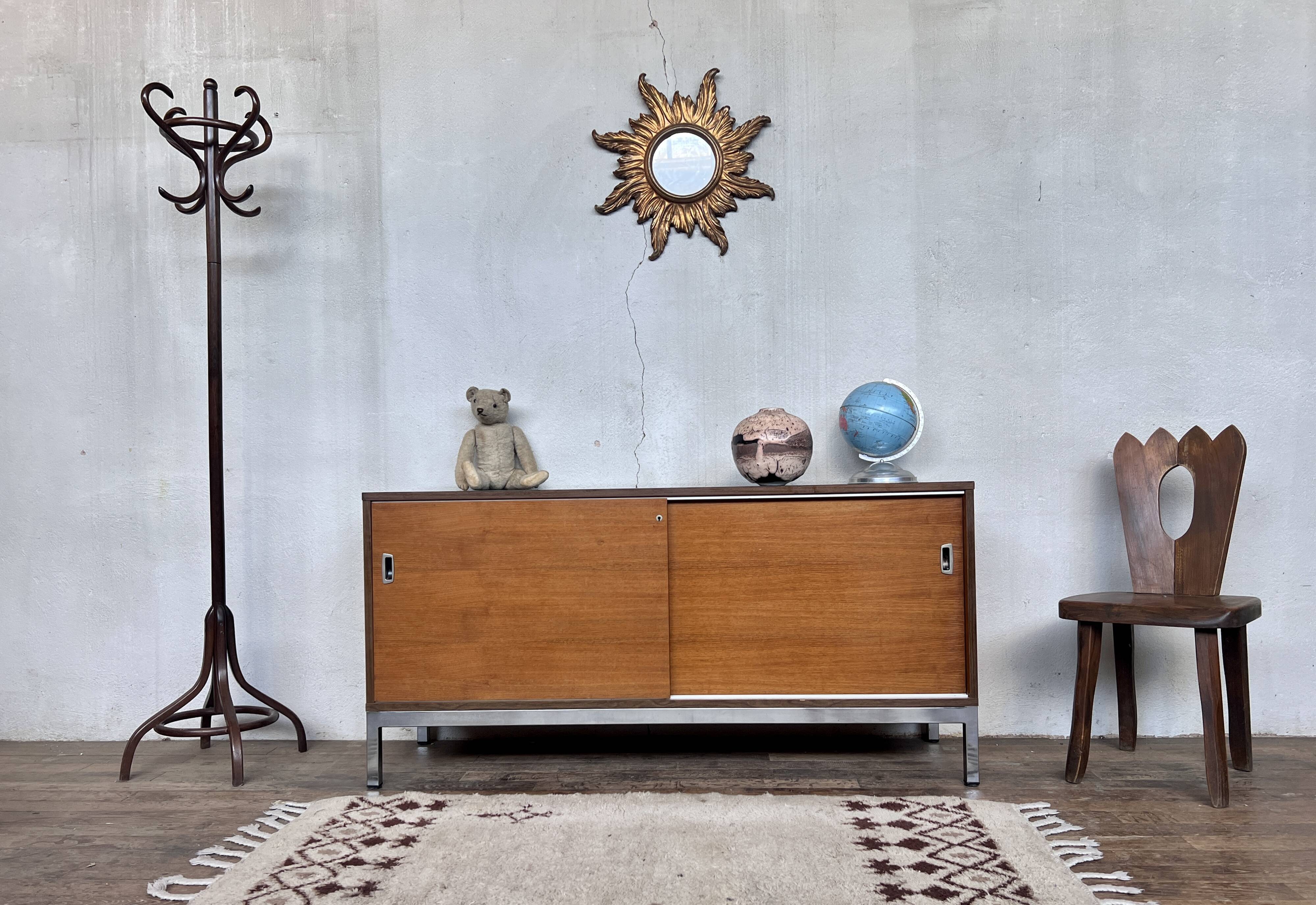 Enfilade 2 sliding doors in teak feet vintage chrome