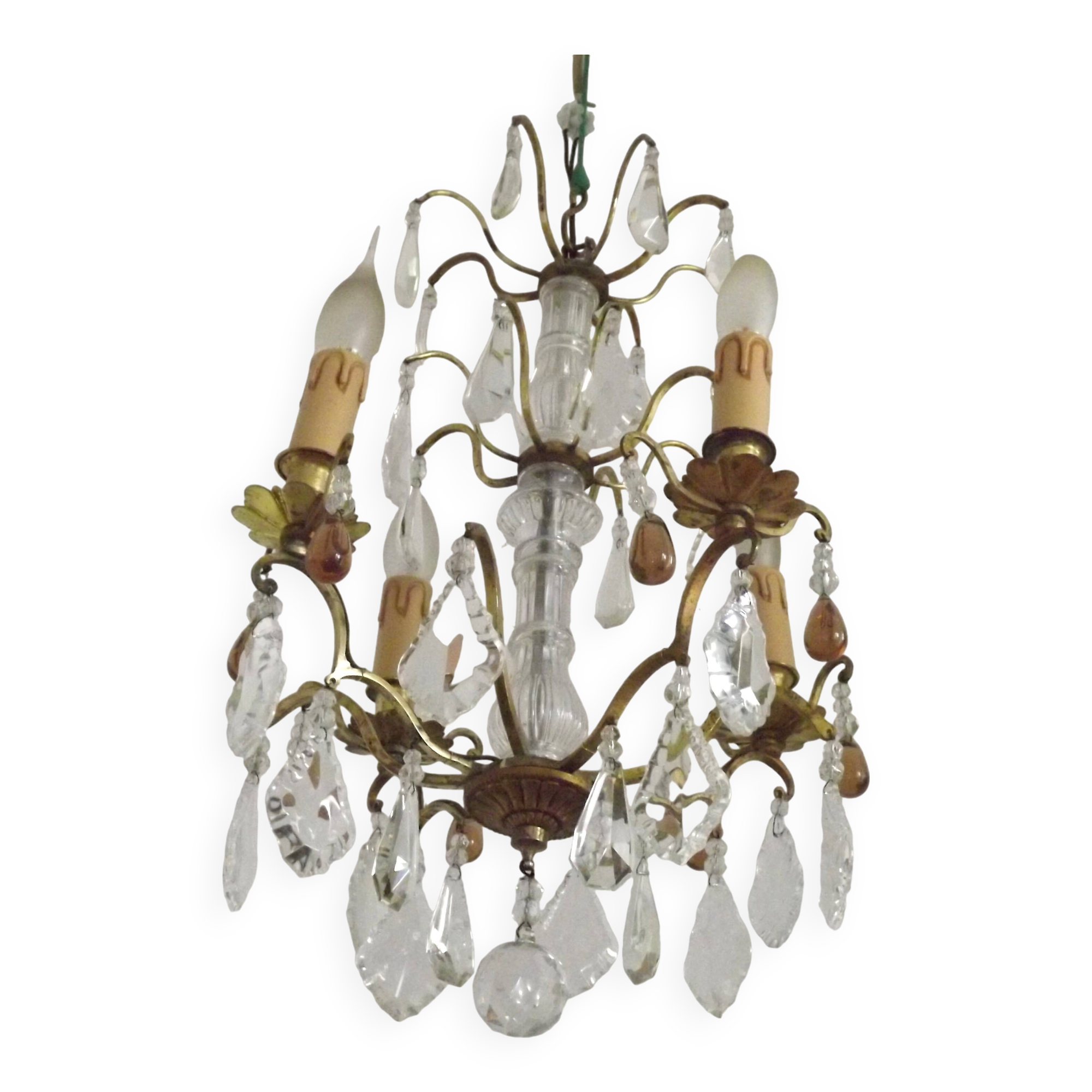 French vintage brass glass crystal 4 light chandelier with Murano droplets 4991