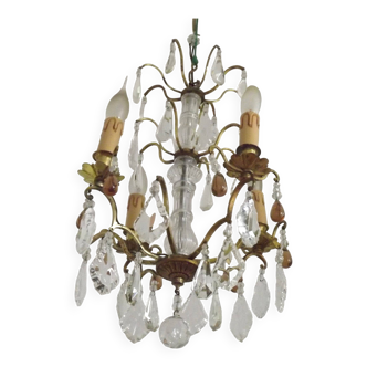 French Vintage Brass Glass Crystal 4 Light Chandelier With Murano Droplets 4991