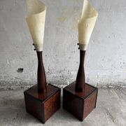 Set de 2 lampes sculpturales beiges avec des bases en bois massif, design organique du milieu du siècle.