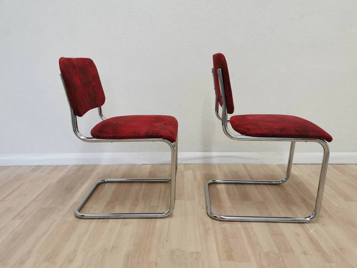 Set of 2 Dining Chair: Red Fabric, Tubular Frame, Retro 1970s