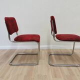 Set of 2 Dining Chair: Red Fabric, Tubular Frame, Retro 1970s