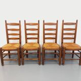 Set of 4 vintage brutalist Charles Dudouyt chairs in wood and straw from the 60s