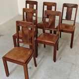 Set of 6 Art Deco chairs in Oak and Walnut with camel leather.
