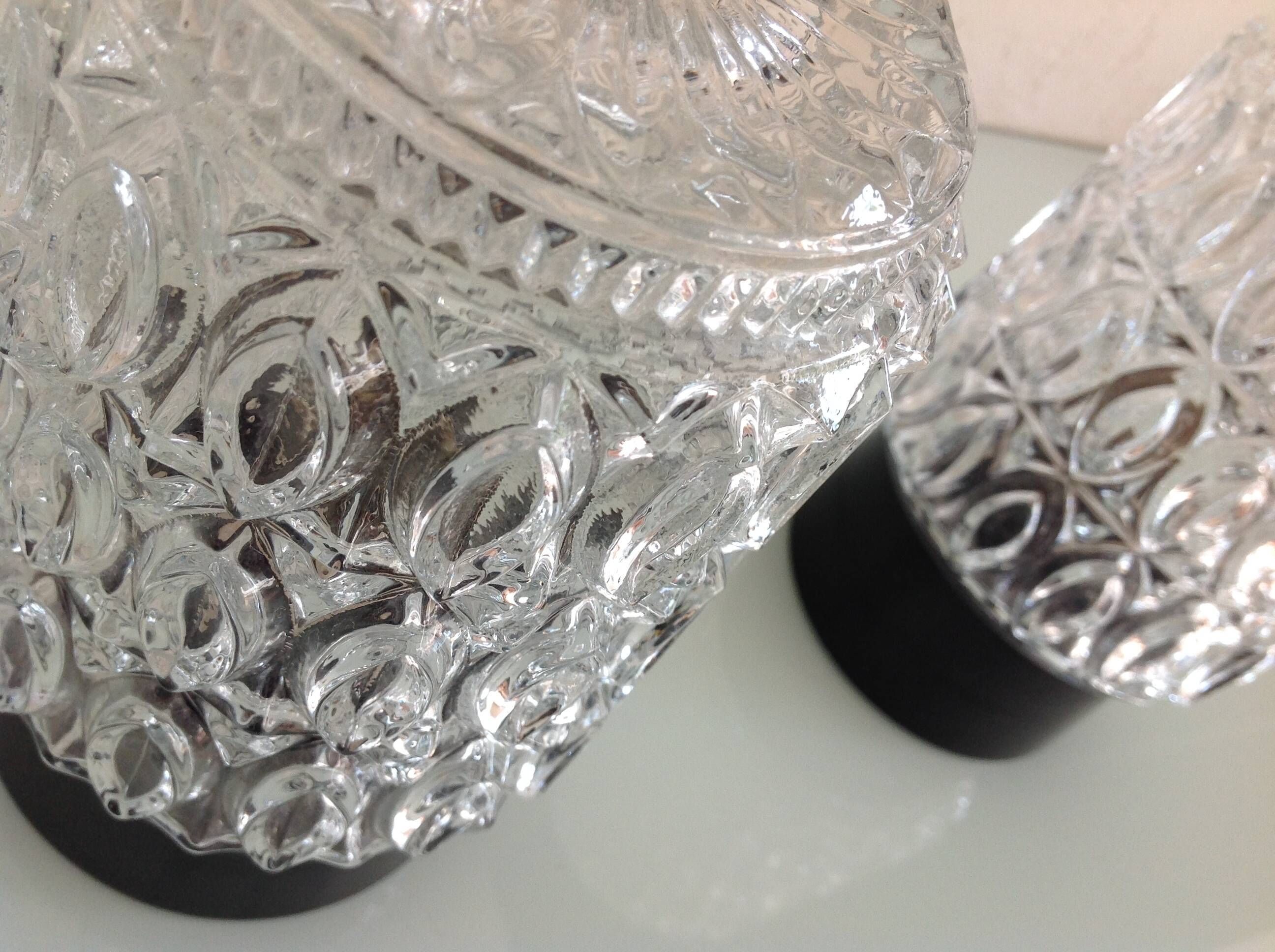 Pair of cylindrical structured glass ceiling lights / vintage 60s-70s