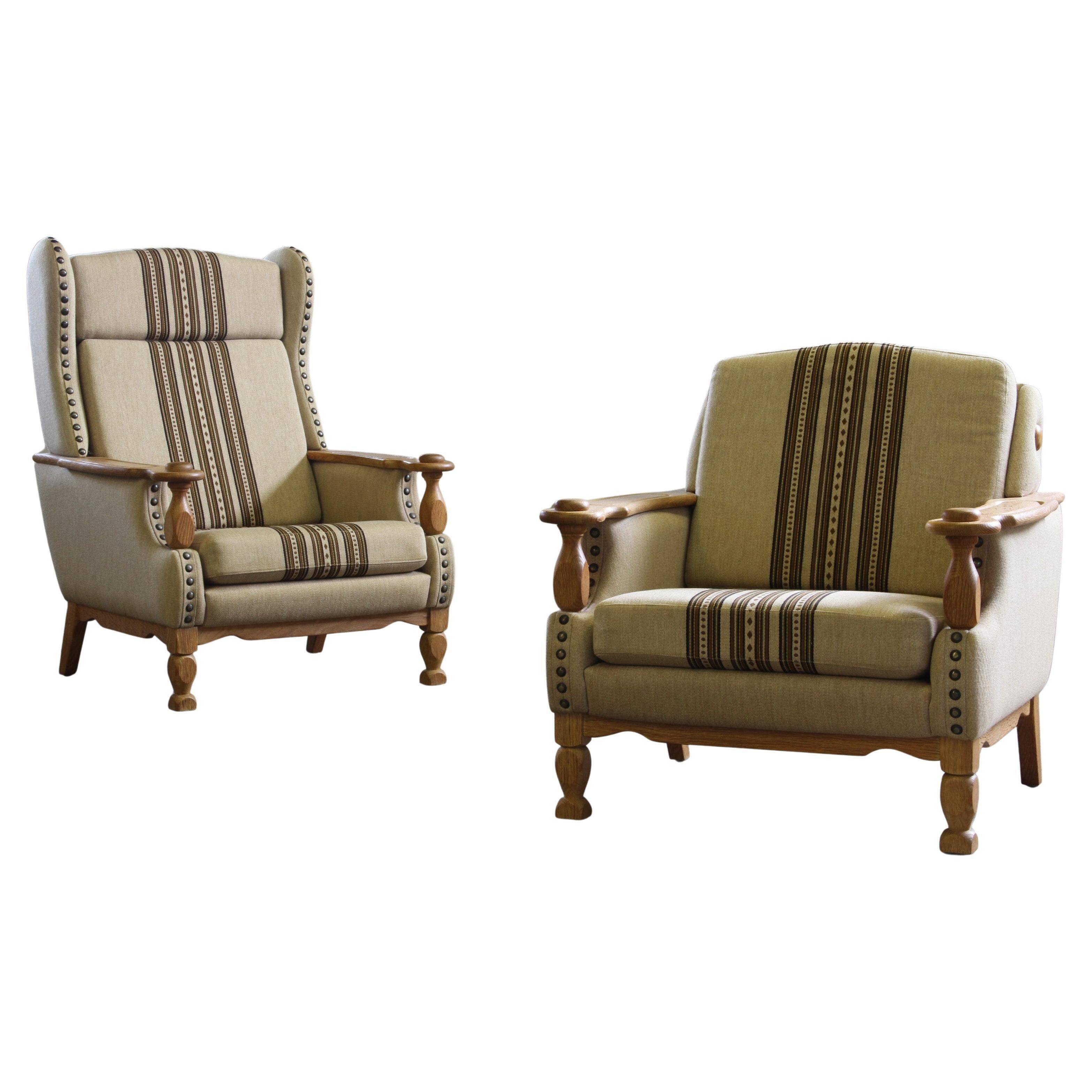 Vintage 1960s set of low & high back lounge chair oak, style of Henning Kjærnulf