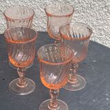 5 Rosaline wine glasses in twisted pink glasses, stamped France Vintage 1950/60
