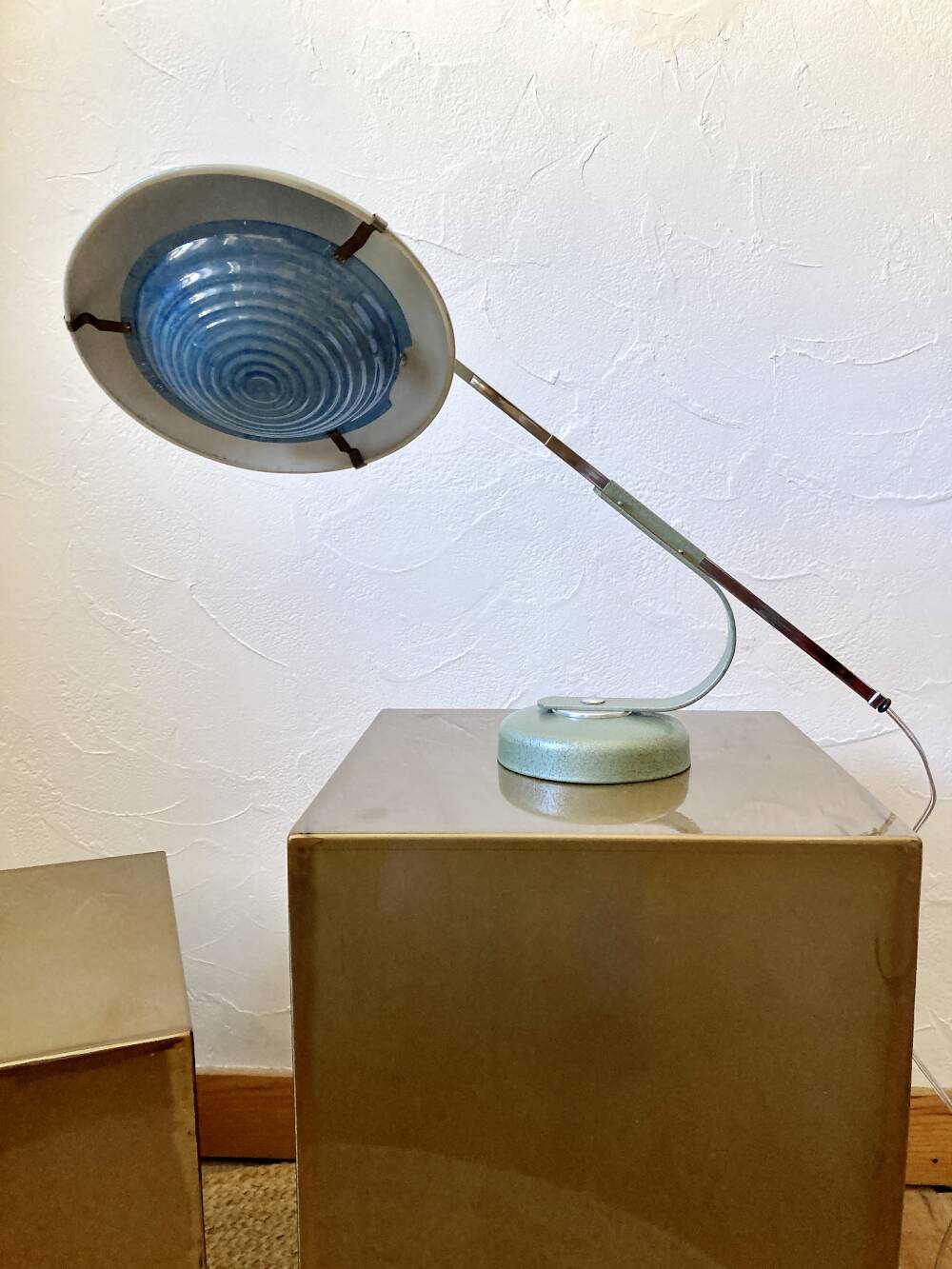 Solère telescopic lamp, hammered paint & blue diffuser, 1950s