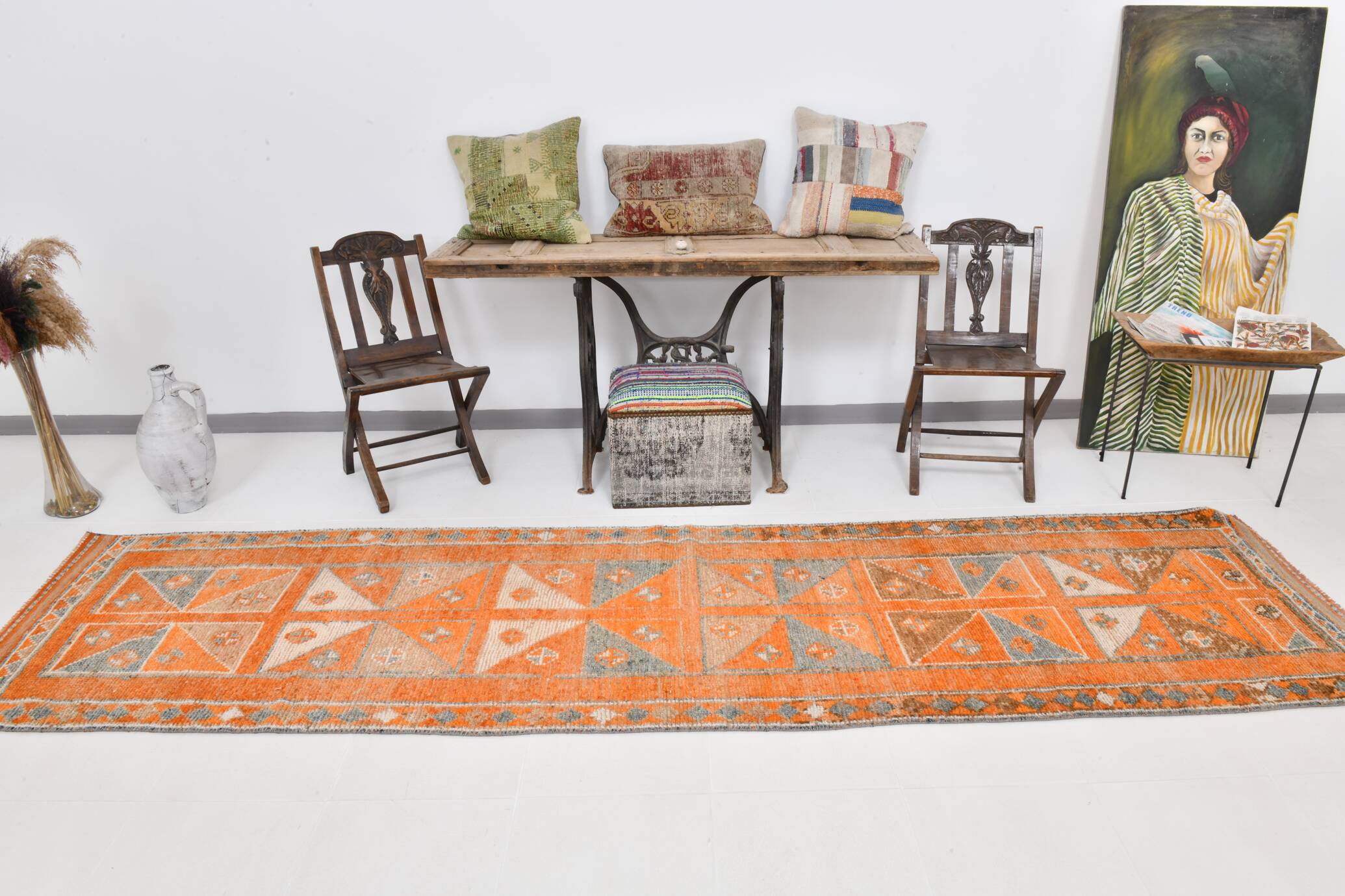 3x12 Rug For Laundry Orange Turkish Vintage Runner Rug, 95x370Cm SK 22033