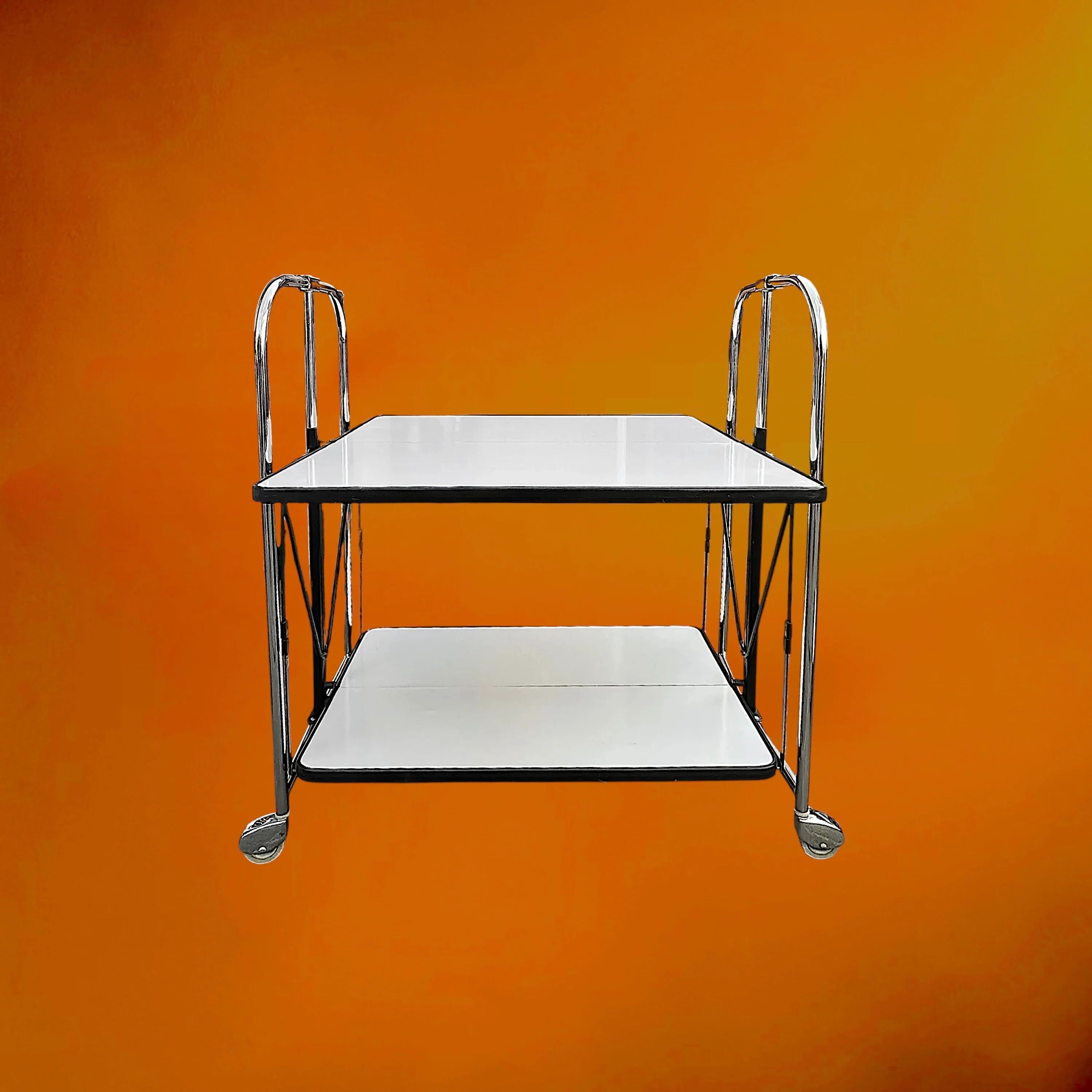 Folding rolling dessert trolley in white formica and chrome metal – 1950s-60s
