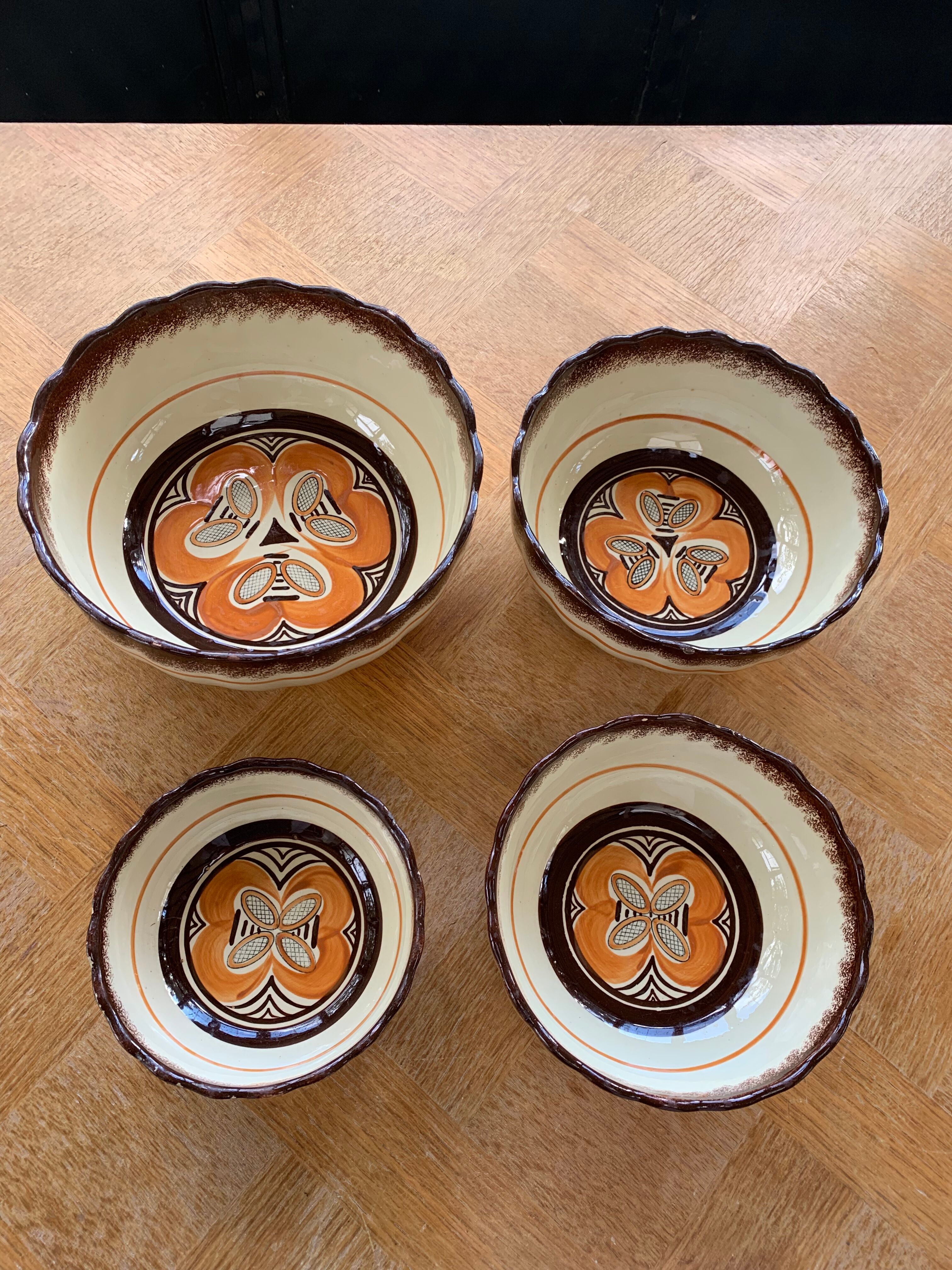4 nesting salad bowls in enameled ceramic mbfa pont l abbé decorated vintage hand