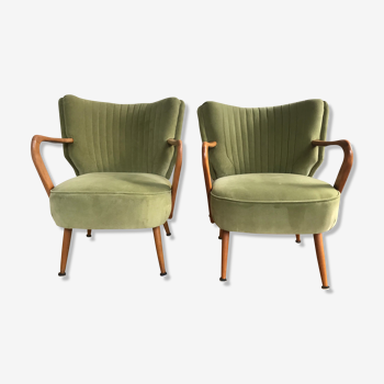 Pair of vintage cocktail armchairs 50'S 60'S in olive green velvet, restored and reupholstered