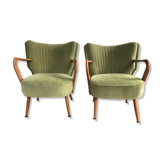 Pair of vintage cocktail armchairs 50'S 60'S in olive green velvet, restored and reupholstered