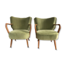 Pair of vintage cocktail armchairs 50'S 60'S in olive green velvet, restored and reupholstered