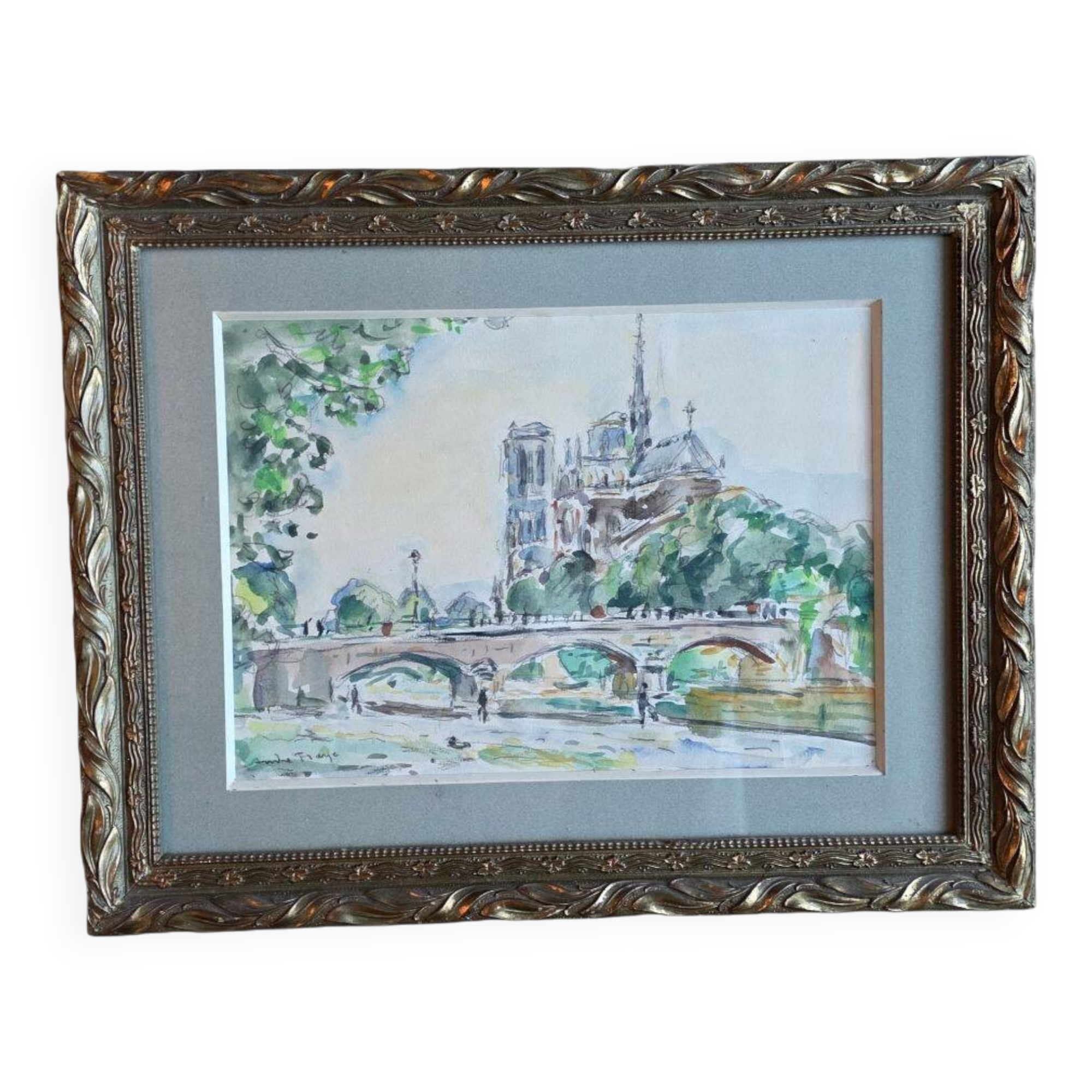 Fraye André Watercolour Notre Dame de Paris View from the Quays of the Seine XXth
