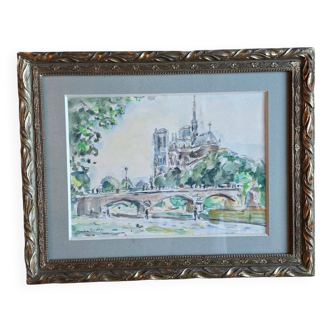 Fraye André Watercolour Notre Dame de Paris View from the Quays of the Seine XXth