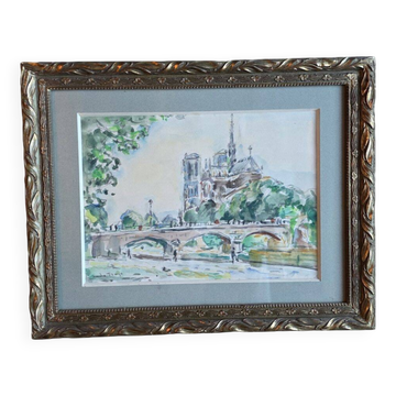 Fraye André Aquarelle Notre Dame De Paris Vue Des Quais De Seine XXme