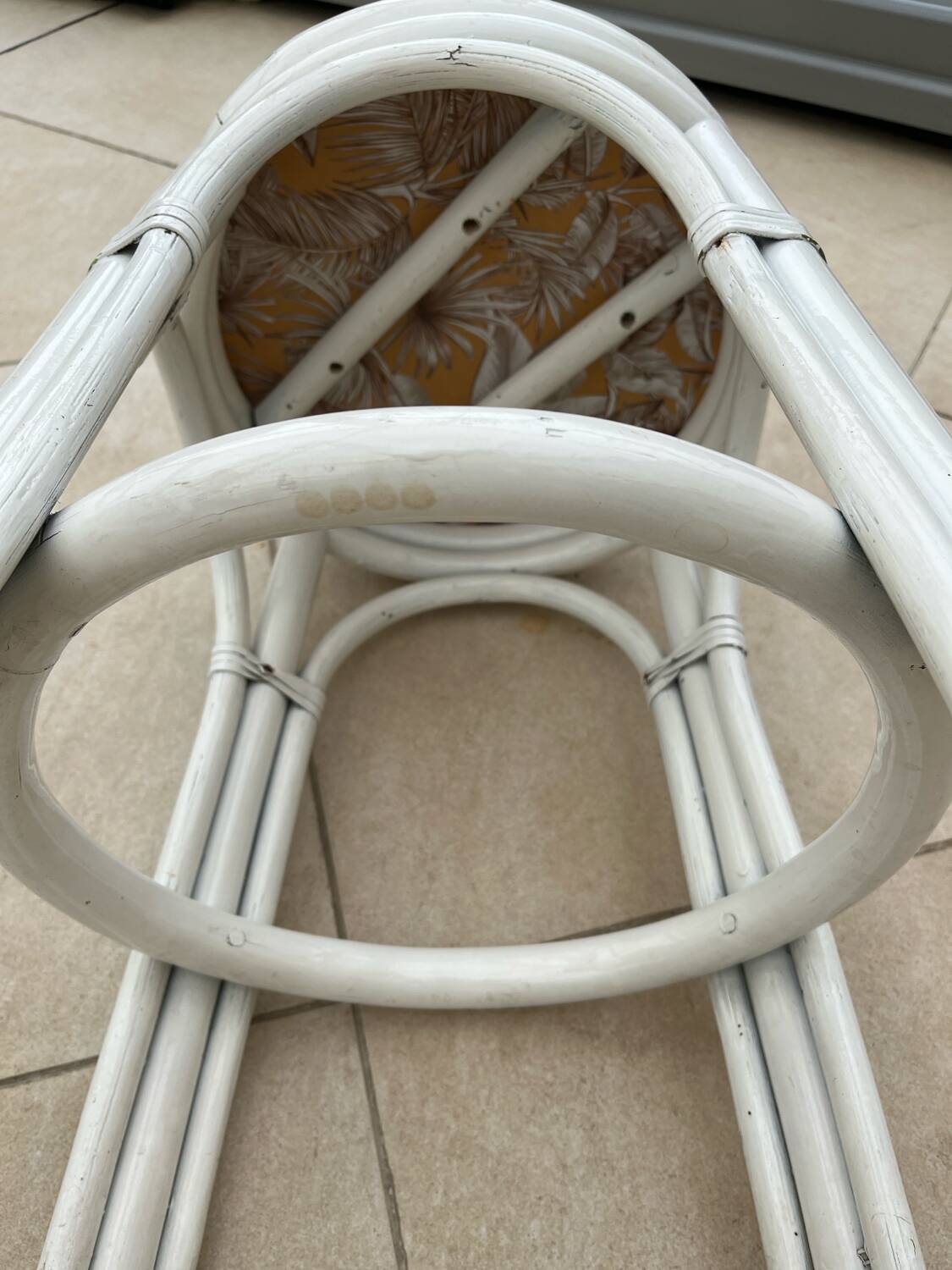 Vintage White Rattan/Bamboo Garden Furniture Set with 2 Chairs and a Stool