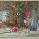 Still life with pink flowers and blue pots.