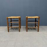Set of Dutch beechwood stools with rush seat