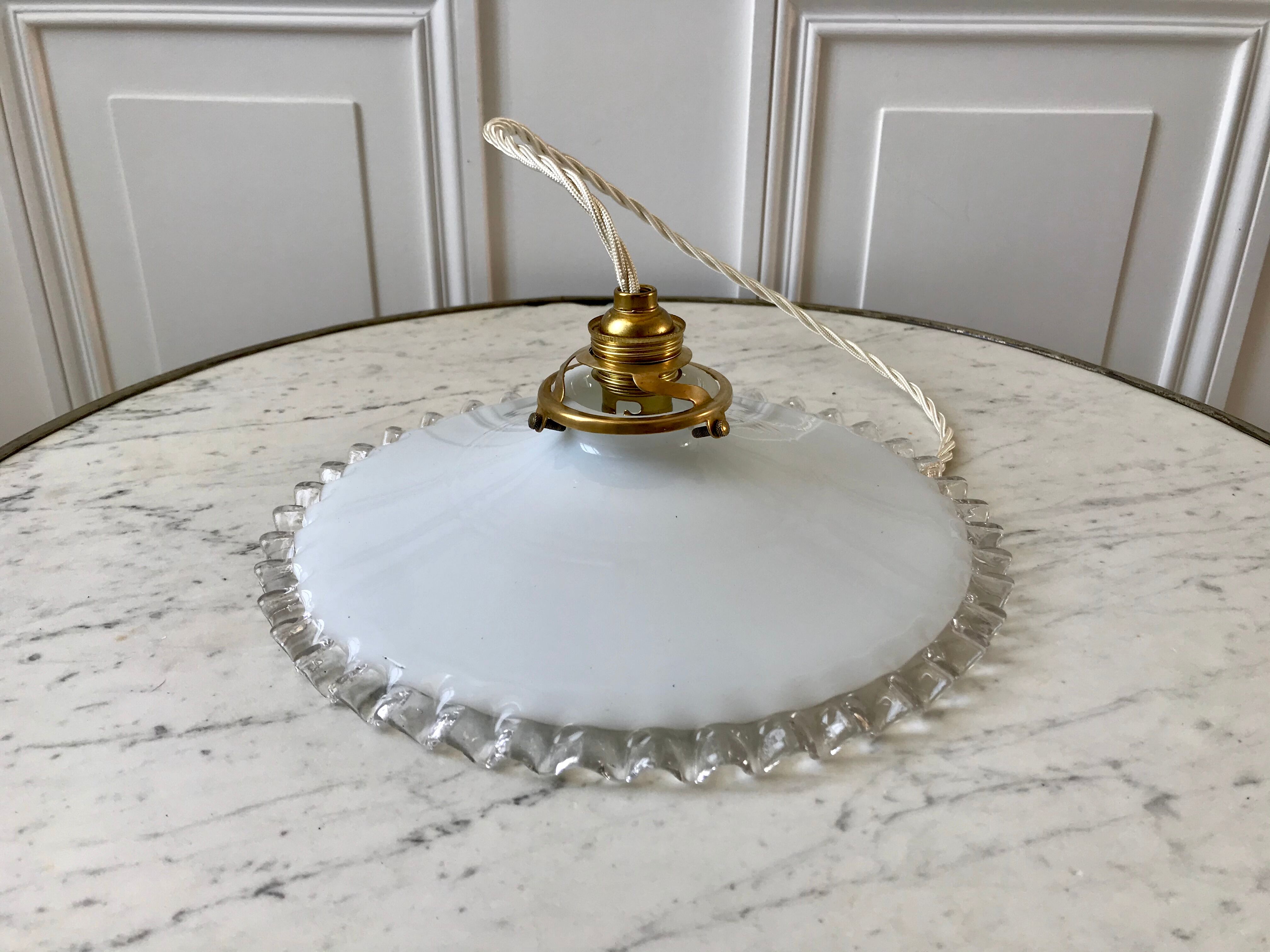 Vintage 50s serrated opaline pendant lamp