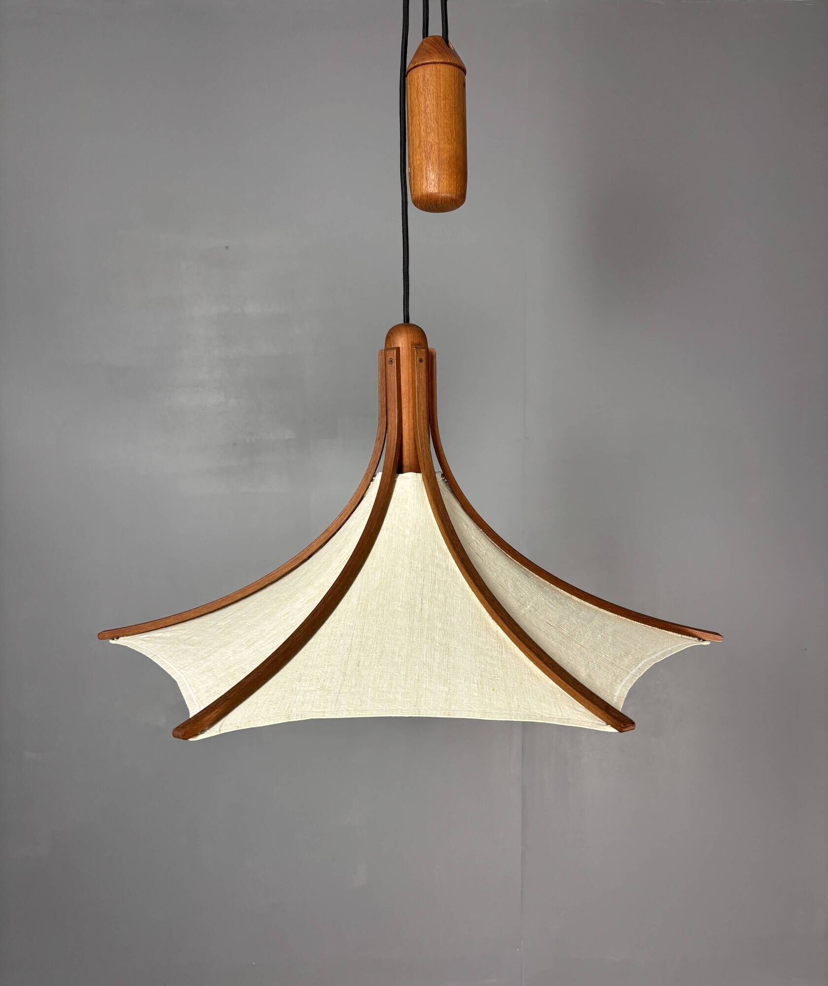 Teak And Linen Umbrella Counter Balance Pendant By Domus, 1970s