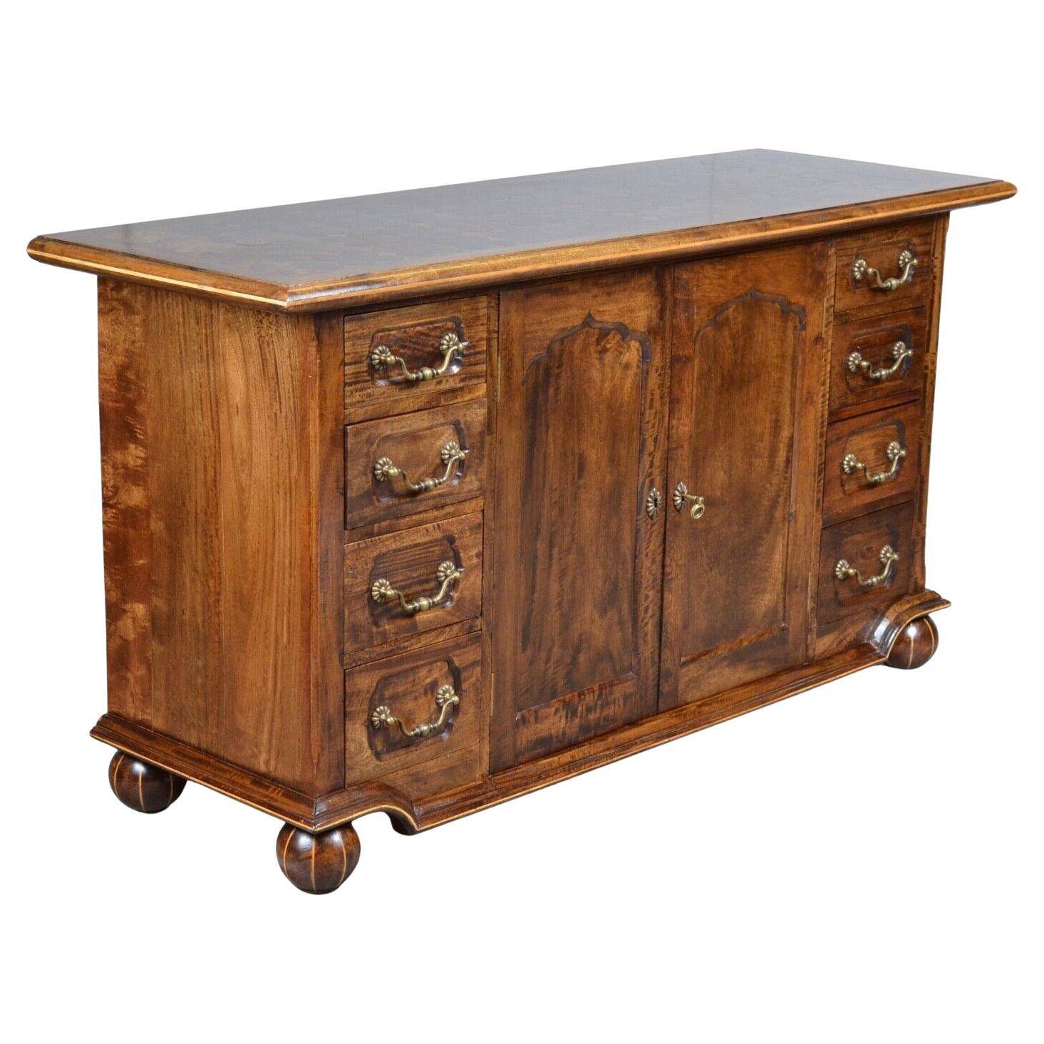 Rustic walnut sideboard with inlaid parquetry, vintage quality.
