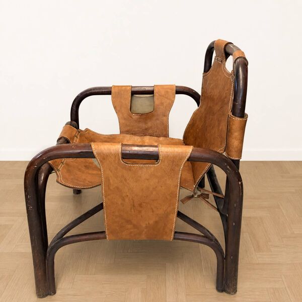 Paire de fauteuils Tito Agnoli en cuir et bambou, années 70