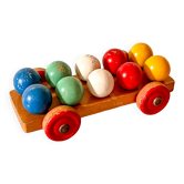 Wooden pull-along toy with coloured balls, vintage toy.