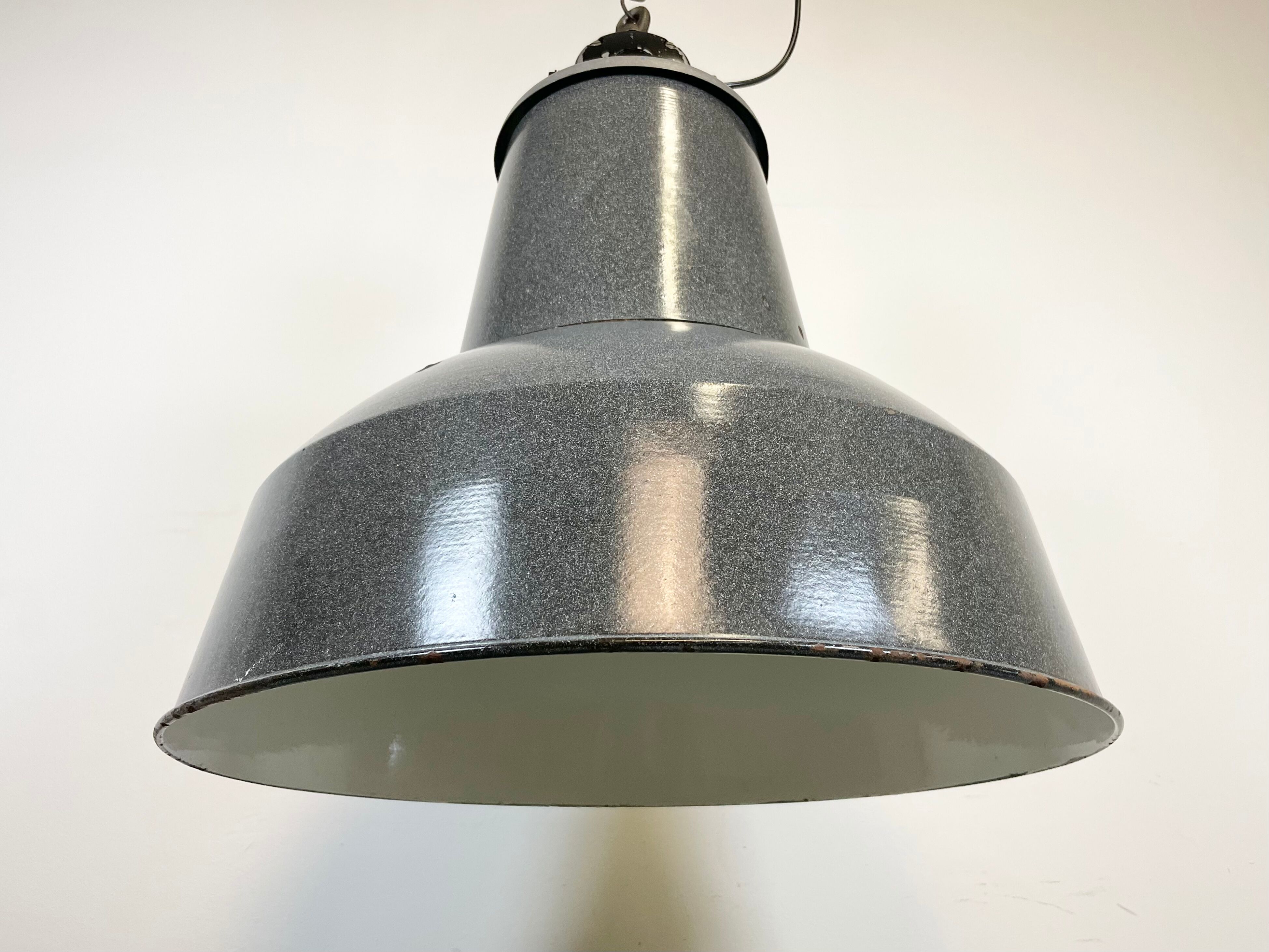 Large Grey Enamel Industrial Factory Lamp from Elektrosvit, 1960s