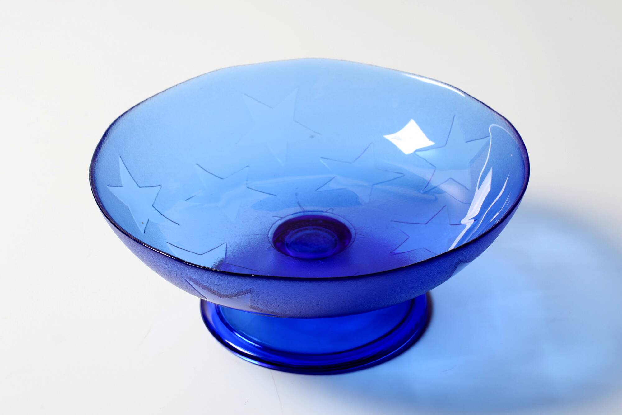 Blue Pressed Glass Pedestal Bowl with Stars Pattern / Italy / 2000s