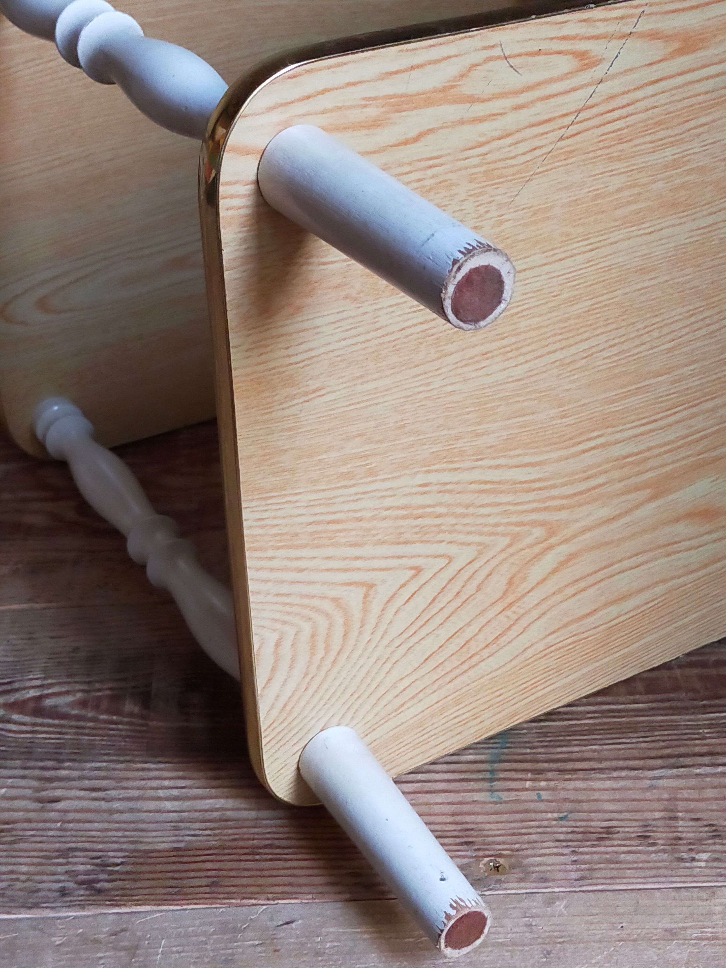 Solid turned wood and formica faux marble shelf to install wood 60s