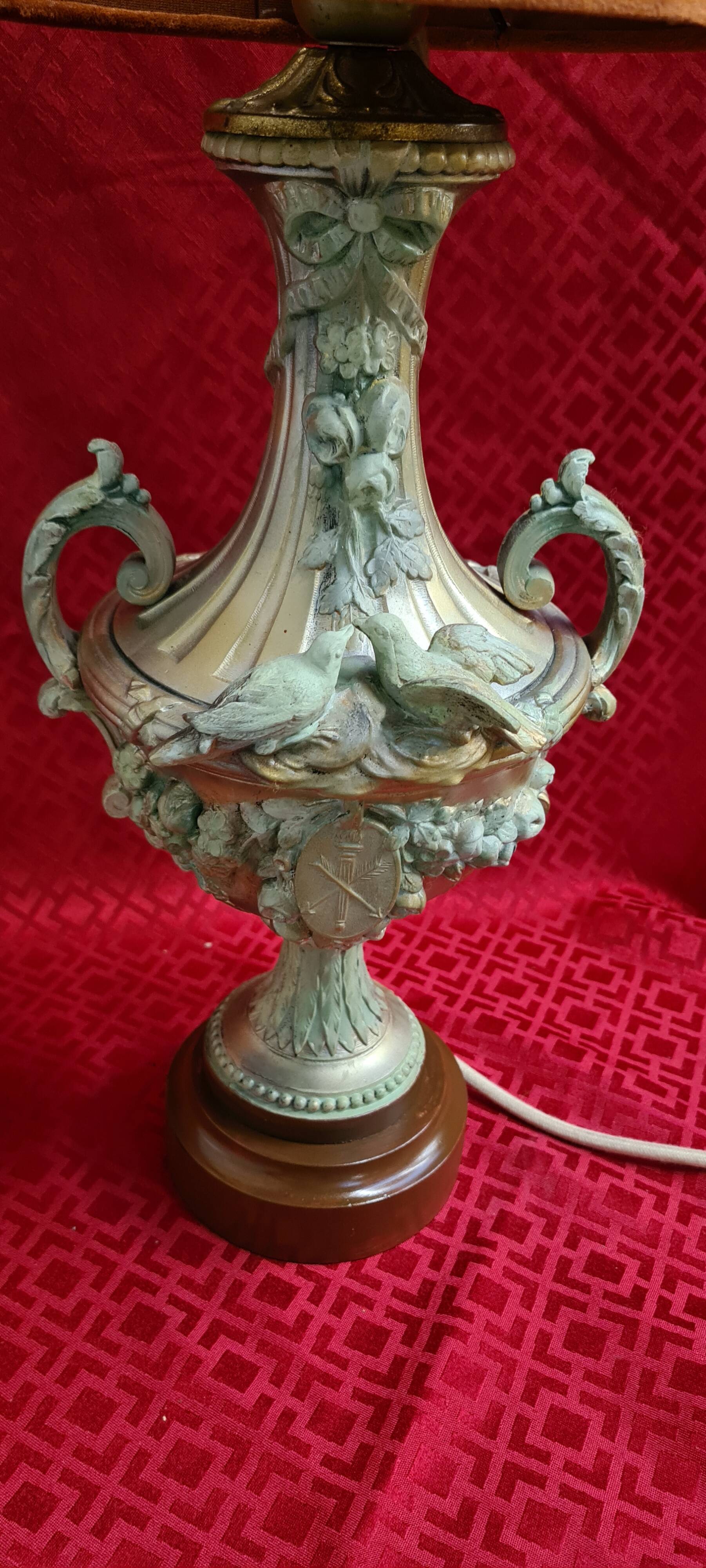 Vintage rococo style lamp, regency, regule steel patinated velvet lampshade 66x20