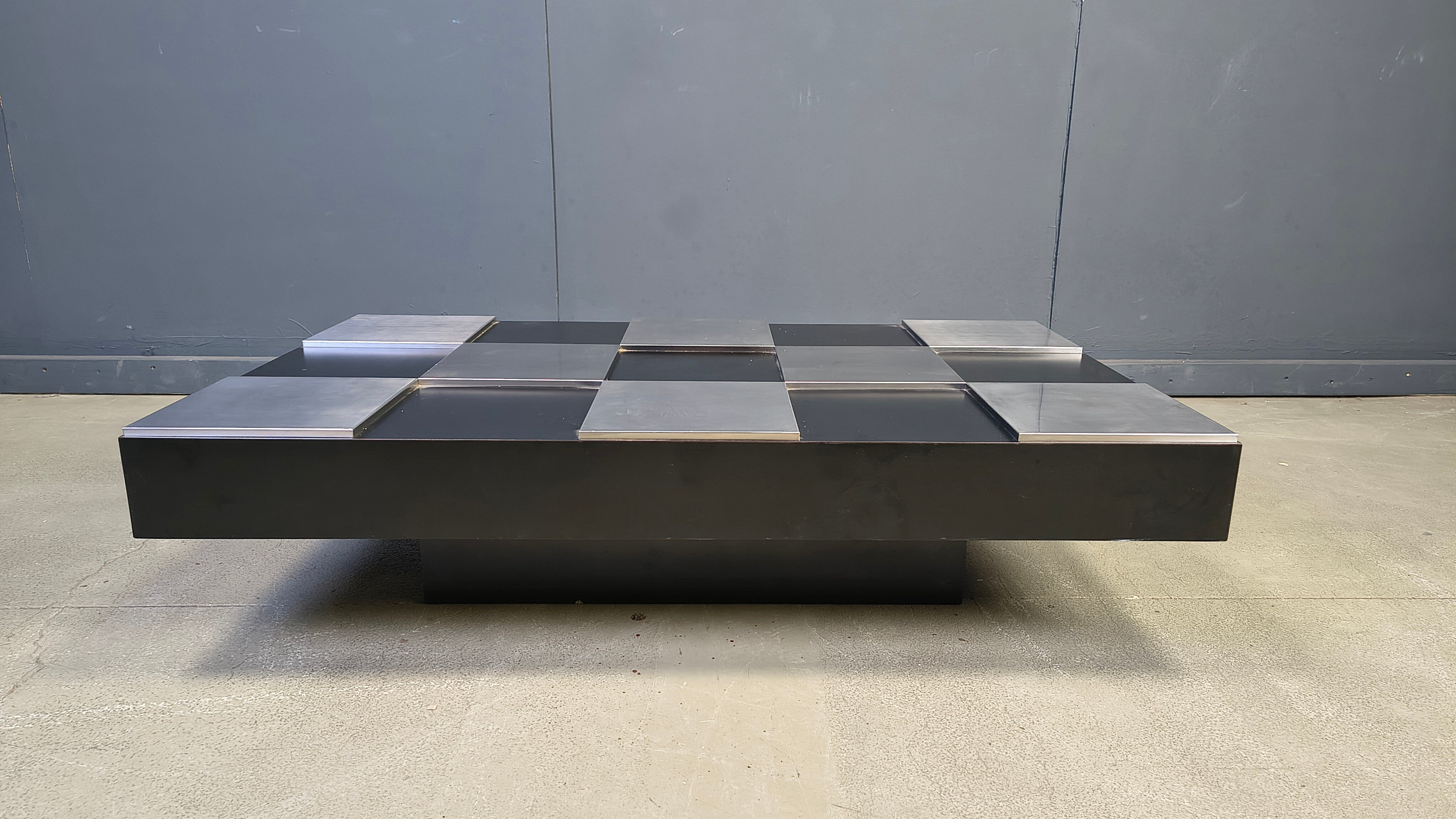 Vintage lacquer and aluminum checkerboard coffee table, 1970s